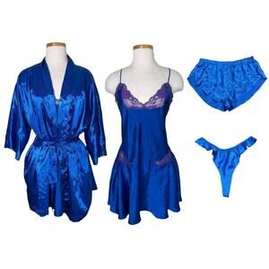 Fredericks of Hollywood VTG Lingerie Set Chemise Robe Short Ruffle Blue Large OS